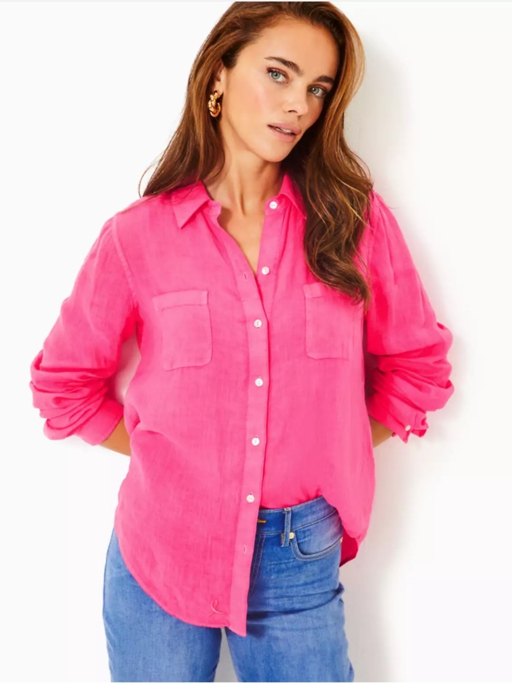 Lilly Pulitzer Seaview Hot Pink Button-Front Linen Shirt